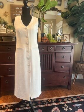 Abercrombie & Fitch Cream Button-Front Sleeveless Midi Dress